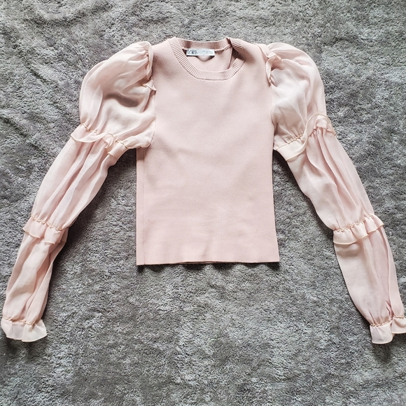 Zara Elegant Pink Puff Sleeve Ribbed Long Sleeve Top - Size L - Picture 4 of 10